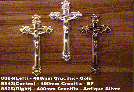 8824, 8843, 8825:400 mm crucifix in gold and silver